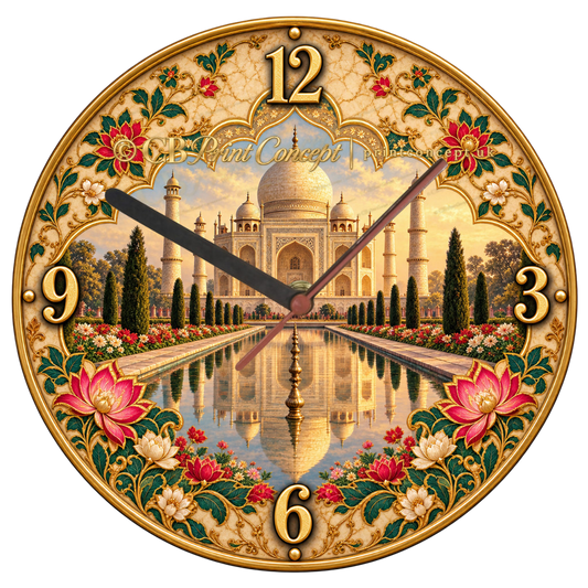 Elegant Indian glass wall clock featuring the Taj Mahal, reflecting pool, formal gardens, lotus flowers and ornate cream, green and gold detailing.