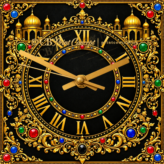 Luxury 30cm Indian palace wall clock featuring ornate pink domes, royal gardens, lotus fountains and luminous gold decorative details.
