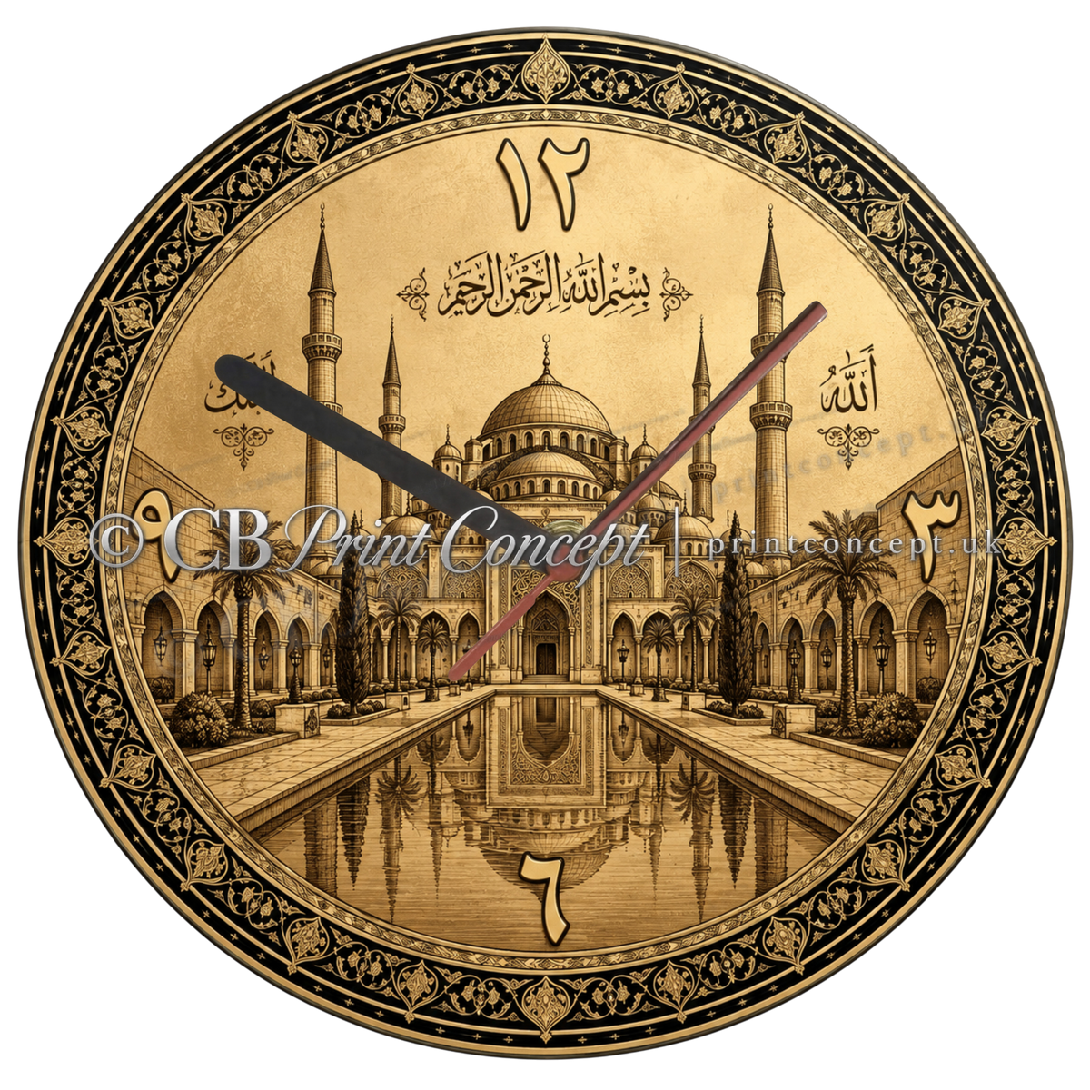 Elegant sepia Islamic wall clock featuring a heritage-inspired mosque design in warm antique tones. A stylish round glass clock for timeless interiors.