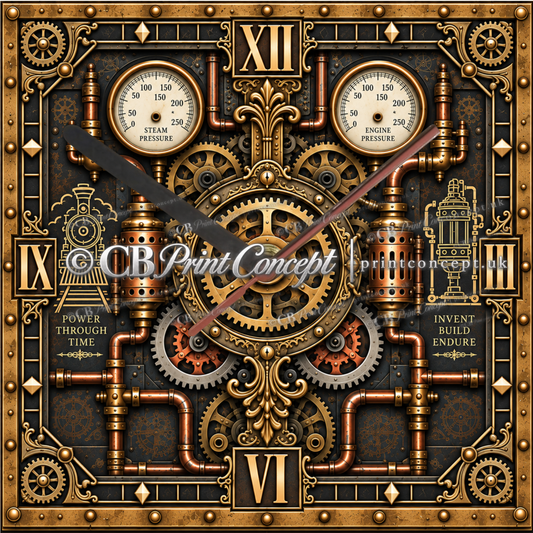 Squre industrial steampunk glass wall clock with steam locomotive, brass gears, pressure gauges, copper pipes and Victorian engineering details
