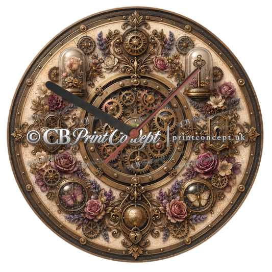 Round Victorian floral steampunk glass wall clock with antique gears, roses, butterflies, glass domes and ornate bronze detailing