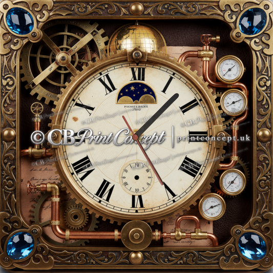Victorian steampunk square glass wall clock with brass gears, copper pipes, gauges, ornate gold frame and blue jewel accents