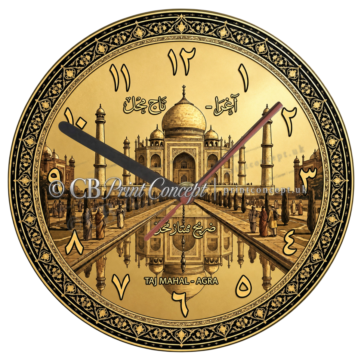 Round Taj Mahal Heritage glass wall clock featuring the Taj Mahal, reflecting pool and ornate black-and-gold decoration in antique sepia tones