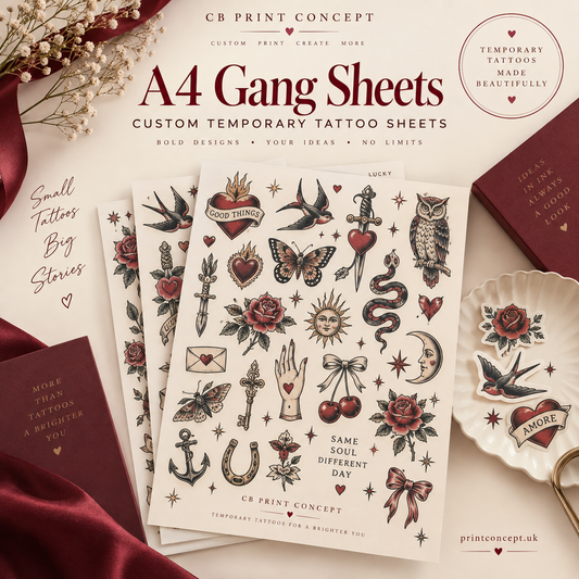 A4 custom temporary tattoo gang sheets by CB Print Concept, featuring vintage tattoo designs in burgundy, cream and black.