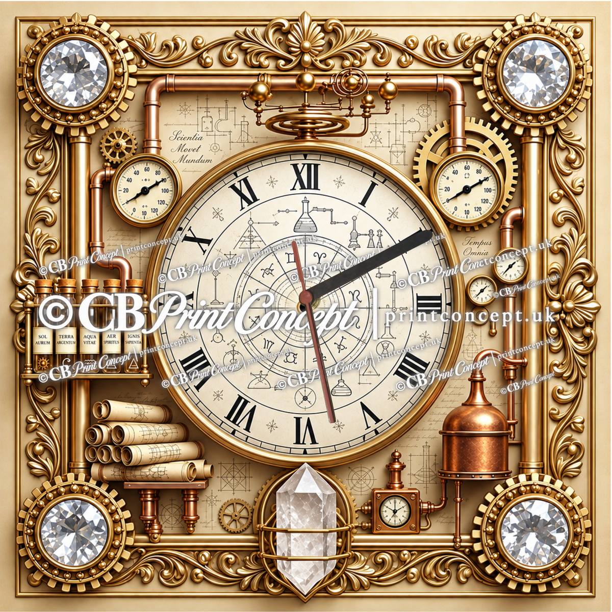 Square Alchemist’s Codex steampunk glass wall clock with Roman numerals, copper pipes, laboratory instruments, ornate gold filigree and crystal-style accents