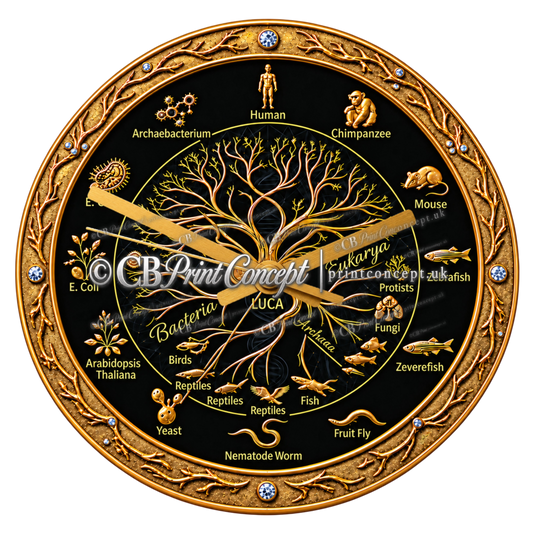 Round black and gold Evolutionary Tree wall clock featuring a stylised phylogenetic tree, LUCA, DNA-inspired branches and species from across the tree of life.