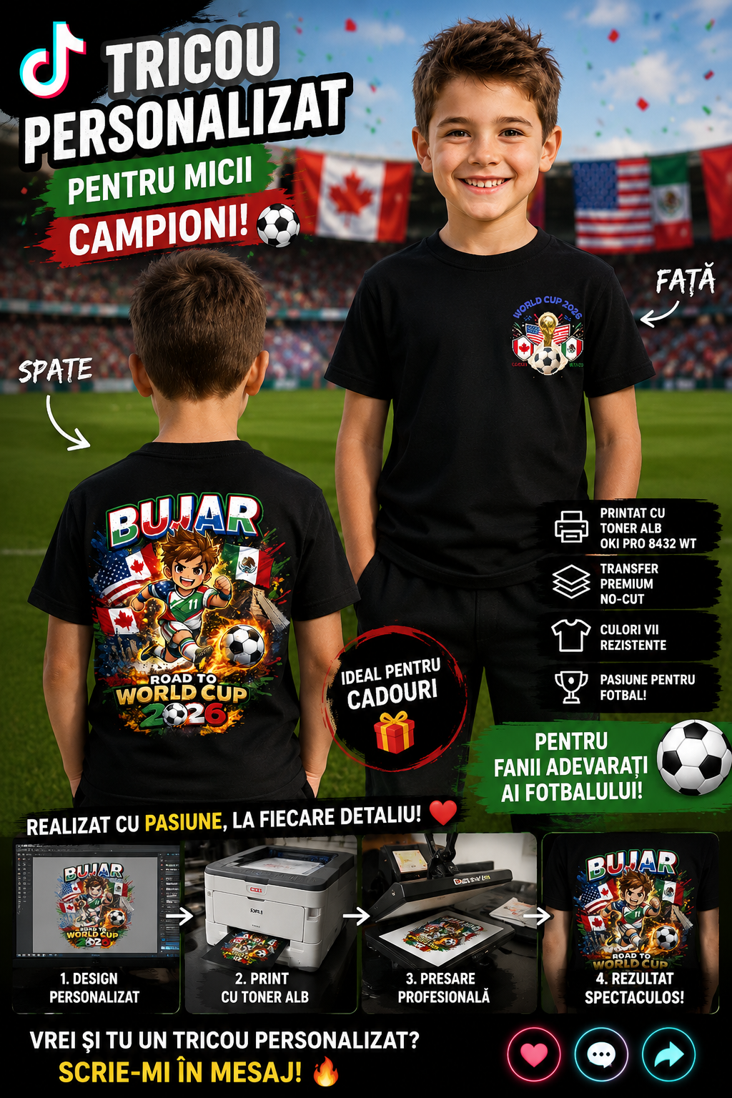 Personalised World Cup 2026 football T-shirt for kids featuring custom name and colourful football-inspired design