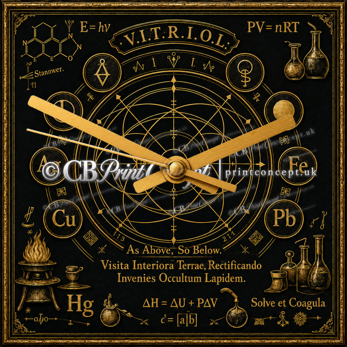 Square black and gold VITRIOL alchemy glass wall clock with hermetic symbols, geometric diagrams, laboratory vessels and As Above, So Below inscription