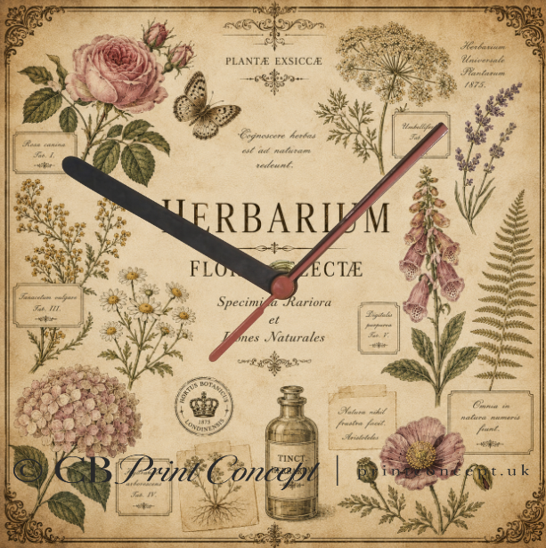 Square classic herbarium glass wall clock with vintage botanical specimens, antique notes and parchment-style background