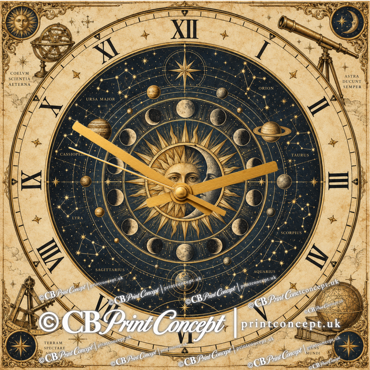 Square vintage astronomy glass wall clock featuring Sun and Moon, lunar phases, constellations, planetary diagrams and antique observatory instruments