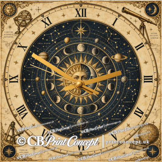 Square vintage astronomy glass wall clock featuring Sun and Moon, lunar phases, constellations, planetary diagrams and antique observatory instruments