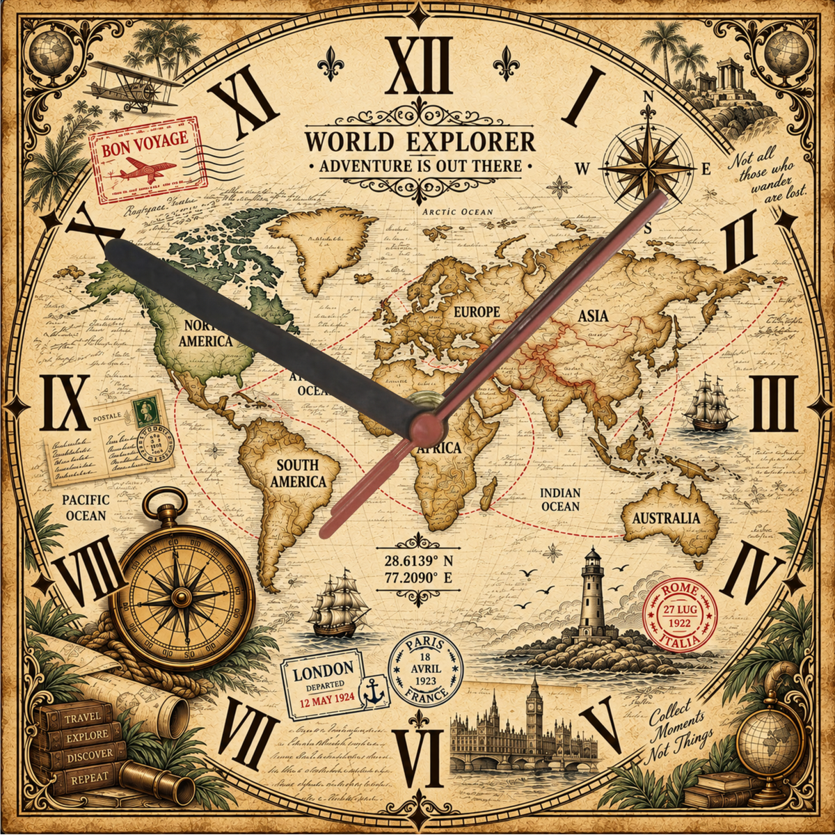 Vintage World Explorer wall clock detail with antique map, compass rose, travel stamps and ships