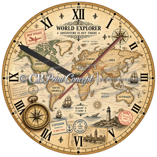 Vintage world map glass wall clock with Roman numerals, compass, ships and explorer motifs in warm sepia and antique-gold tones.