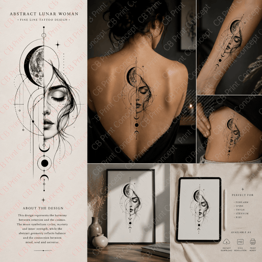 Abstract Lunar Woman tattoo mockup showing elegant lunar fine-line temporary tattoo applied on spine and forearm