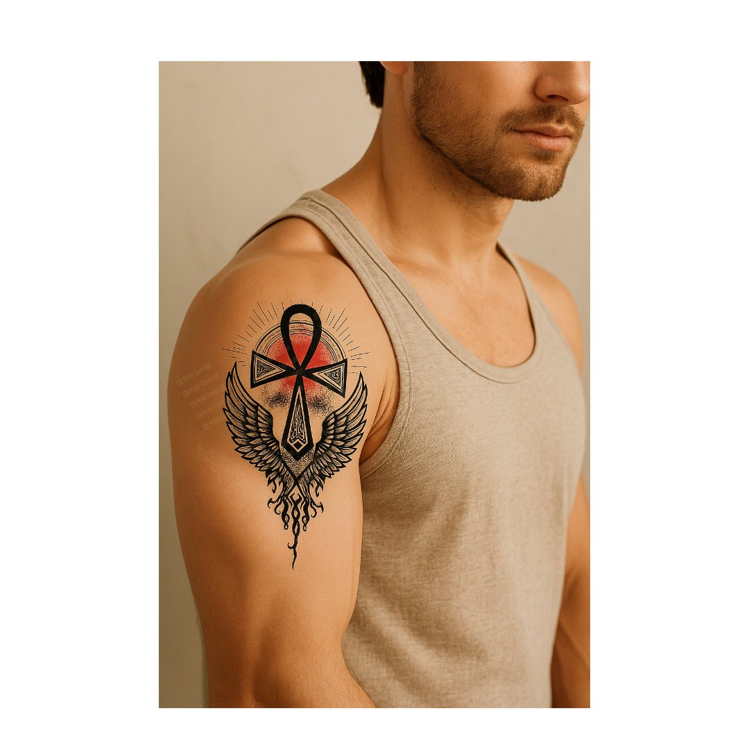 Man wearing an Ankh Wings Power temporary tattoo on upper arm – black and red Egyptian symbol with wings