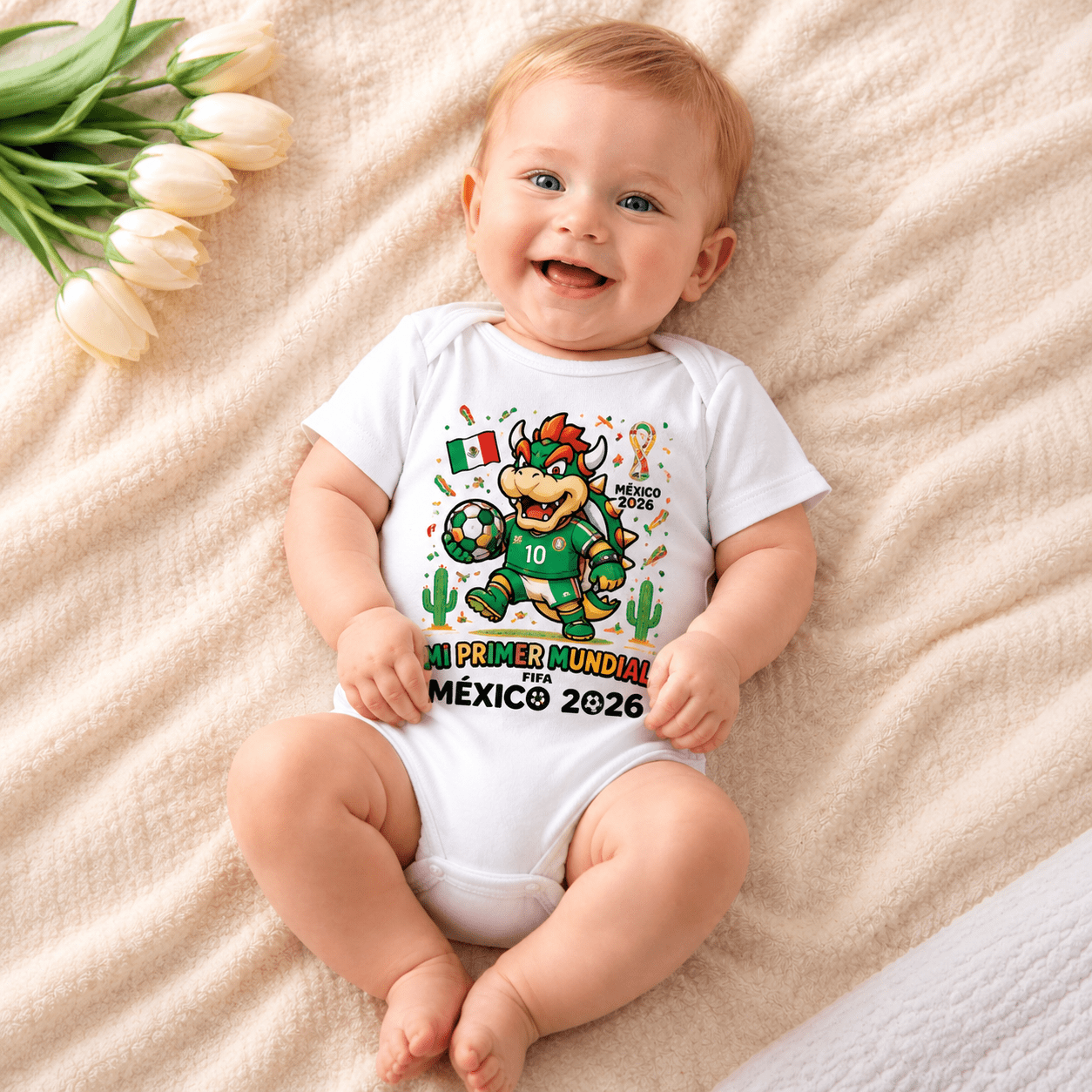 Baby wearing a "Mi Primer Mundial México 2026" football-themed onesie, smiling on a soft cream blanket. Perfect personalised baby bodysuit for World Cup fans and keepsake photos.