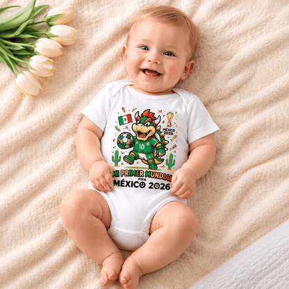 Baby wearing a "Mi Primer Mundial México 2026" football-themed onesie, smiling on a soft cream blanket. Perfect personalised baby bodysuit for World Cup fans and keepsake photos.