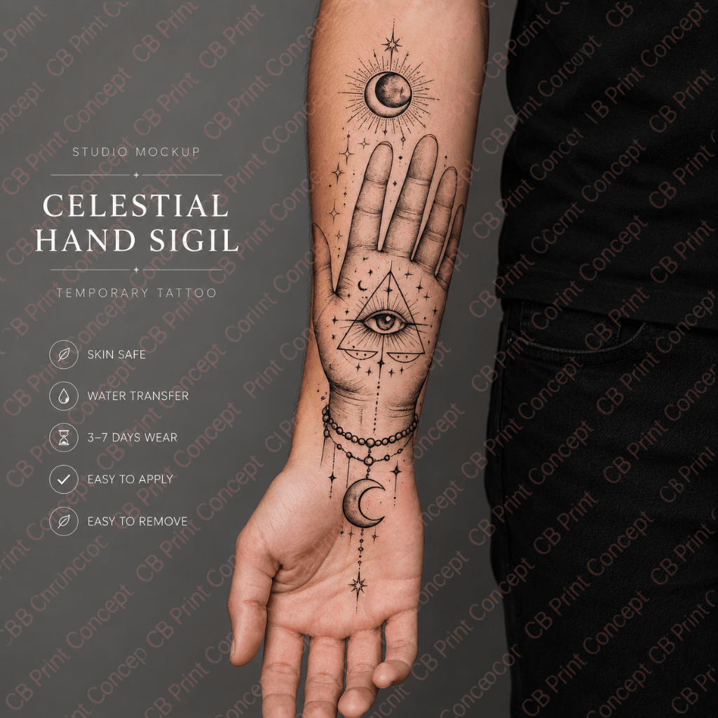 Celestial Hand Sigil temporary tattoo with moon symbols and all-seeing eye design