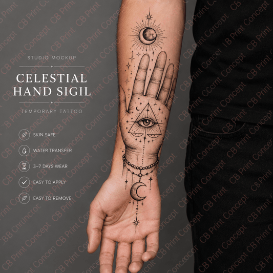 Celestial Hand Sigil temporary tattoo with moon symbols and all-seeing eye design