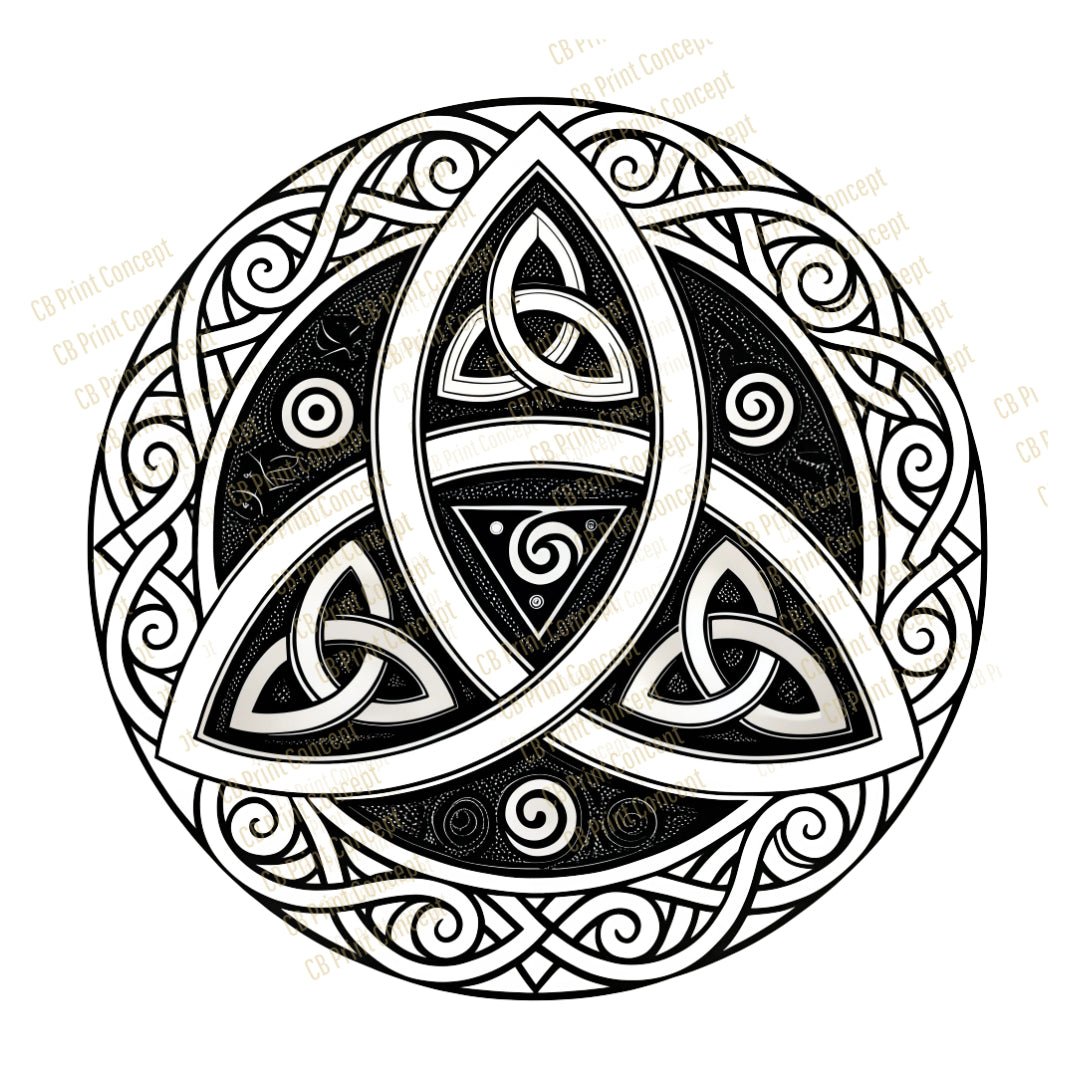 Celtic Triquetra Mandala temporary tattoo design – intricate knotwork circle with swirling patterns