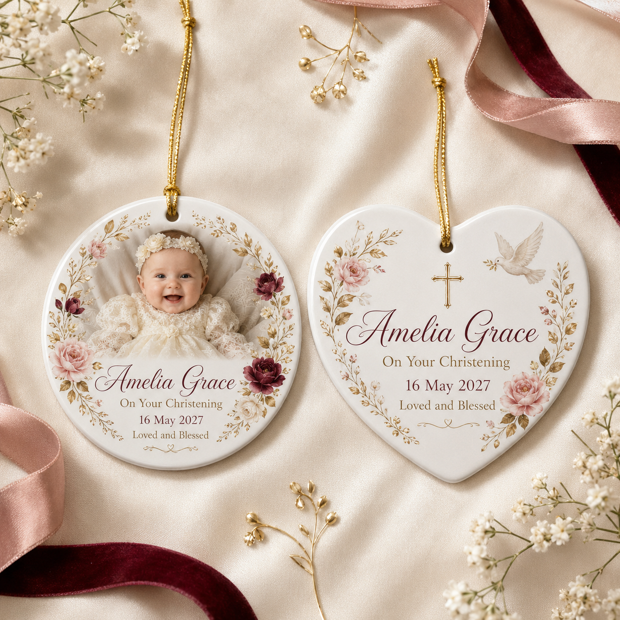 Personalised round and heart christening ceramic ornament with child’s photo