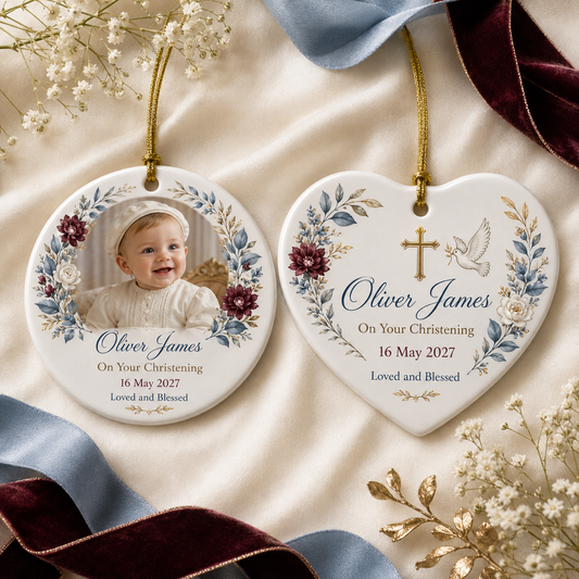 Personalised round and heart christening ceramic ornament with child’s photo