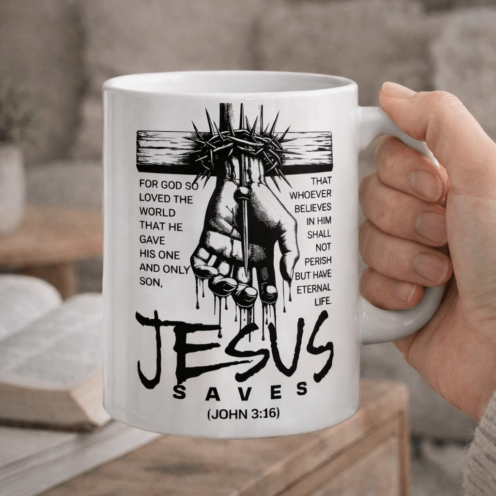 Cană creștină „Jesus Saves” Ioan 3:16, cadou personalizat cu mesaj de credință | Buy Now at CB Print Concept
