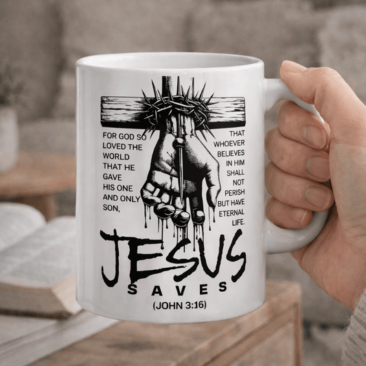 Cană creștină „Jesus Saves” Ioan 3:16, cadou personalizat cu mesaj de credință | Buy Now at CB Print Concept