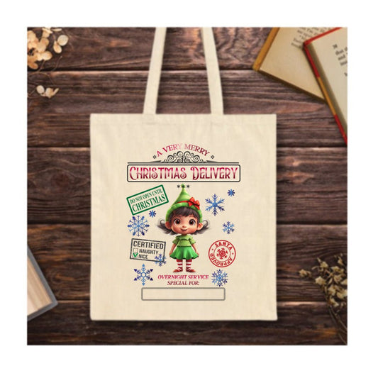 Christmas Delivery Elf Girl Tote Bag – festive elf girl design with optional personalisation