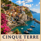 Cinque Terre poster featuring colourful cliffside villages, turquoise Mediterranean waters, fishing boats and the stunning Italian Riviera.