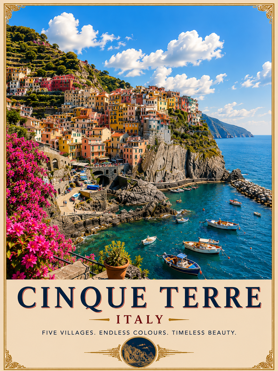 Cinque Terre poster featuring colourful cliffside villages, turquoise Mediterranean waters, fishing boats and the stunning Italian Riviera.