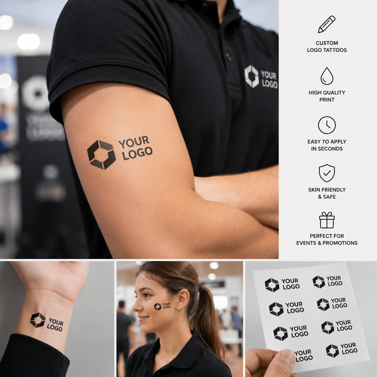 Corporate logo temporary tattoos used for business events, staff branding and promotional marketing campaigns