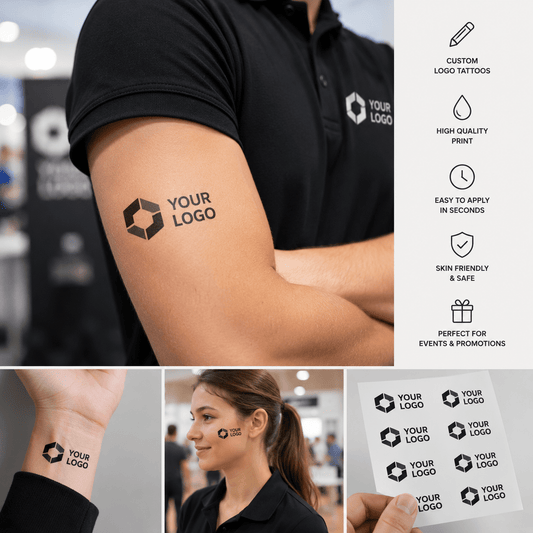 Corporate logo temporary tattoos used for business events, staff branding and promotional marketing campaigns
