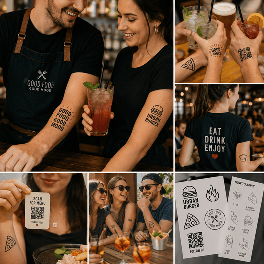Hospitality and retail branding temporary tattoos used for promotional campaigns, customer engagement and brand activations