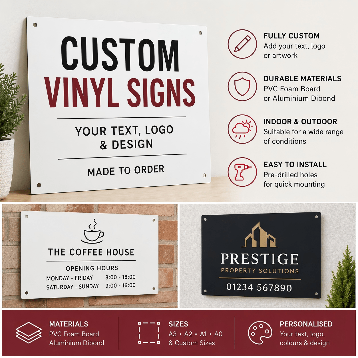 Custom vinyl sign on white PVC or aluminium Dibond panel with personalised text and graphics y CB Print Concep UK