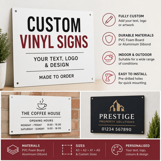 Custom vinyl sign on white PVC or aluminium Dibond panel with personalised text and graphics y CB Print Concep UK