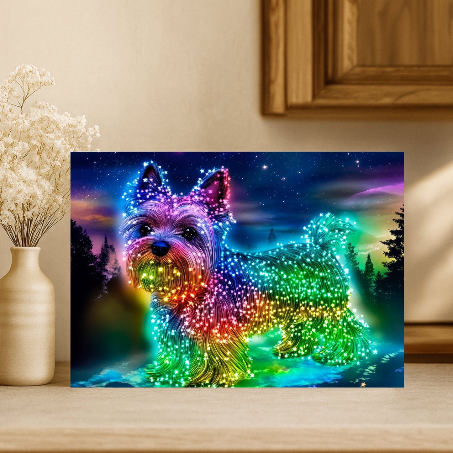 Tempered glass cutting board with a vibrant digital illustration of a Yorkshire Terrier dog, glowing in rainbow neon lights, placed in a cozy kitchen setting with wooden cabinets and a beige flower vase.