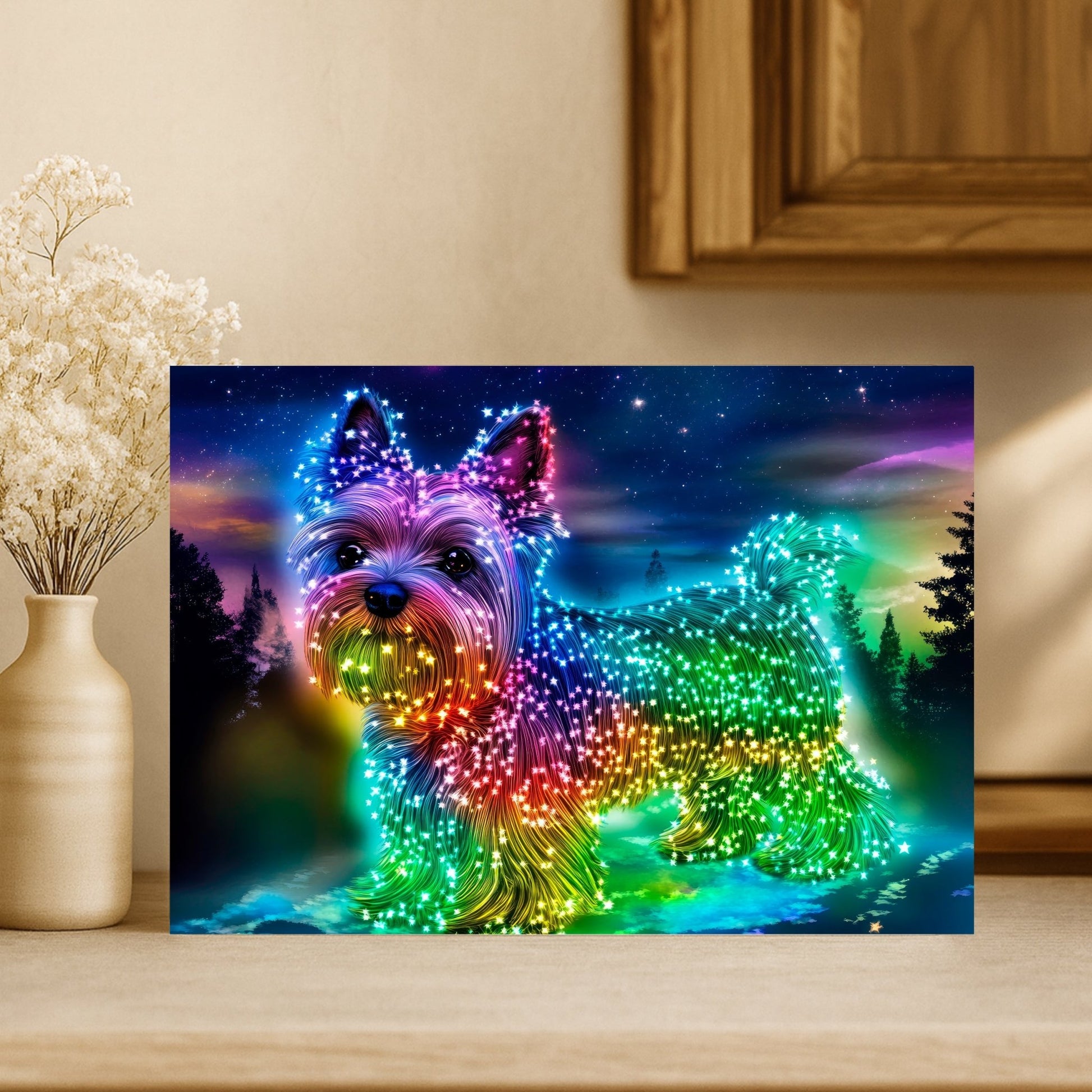 Tempered glass cutting board with a vibrant digital illustration of a Yorkshire Terrier dog, glowing in rainbow neon lights, placed in a cozy kitchen setting with wooden cabinets and a beige flower vase.