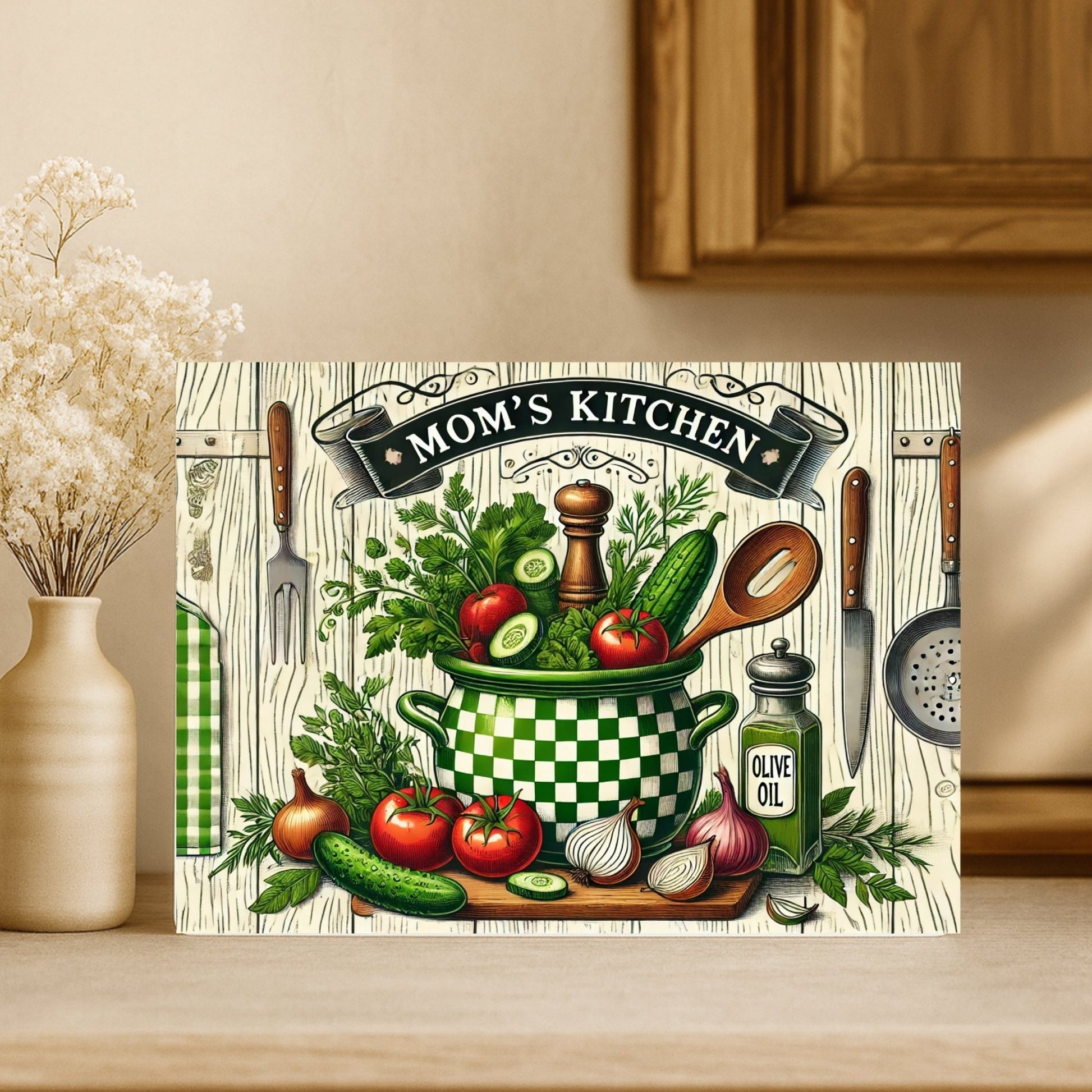 Tempered glass cutting board printed with the phrase “Mom’s Kitchen – Where Memories Are Made and Love Is Served Daily”, shown on a light wooden surface with a soft, cozy kitchen background. Ideal for gift giving or decoration.