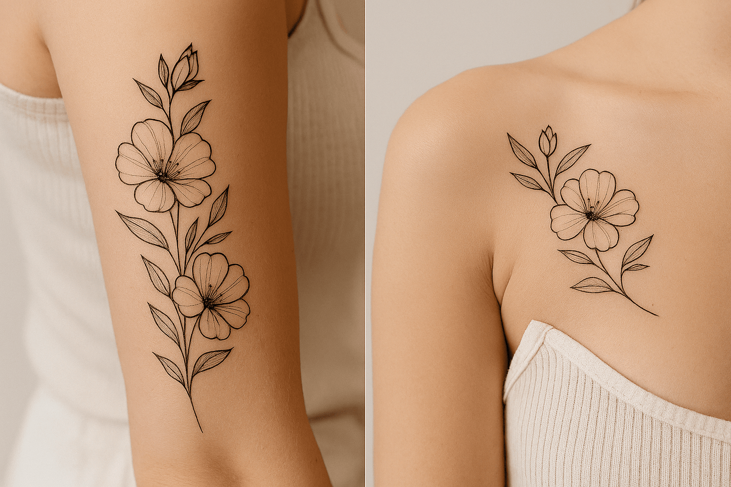 Two views of a floral tattoo on a person's arm and back.