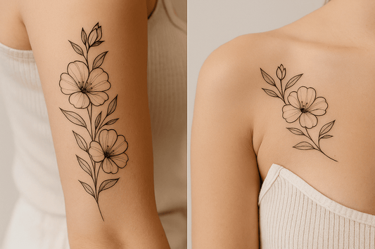 Two views of a floral tattoo on a person's arm and back.