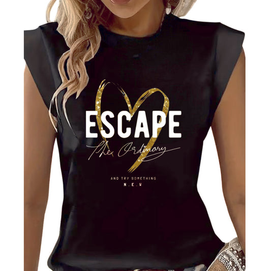 ESCAPE For the Extraordinary women’s black T-shirt with gold heart print, made in the UK
