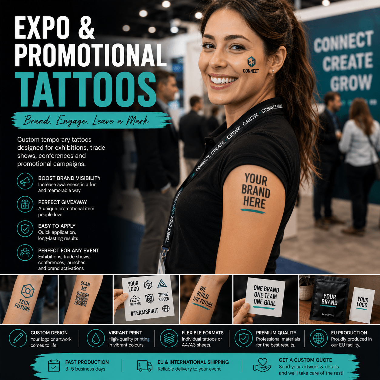 Expo and promotional temporary tattoos used during trade shows, conferences and business brand activation events