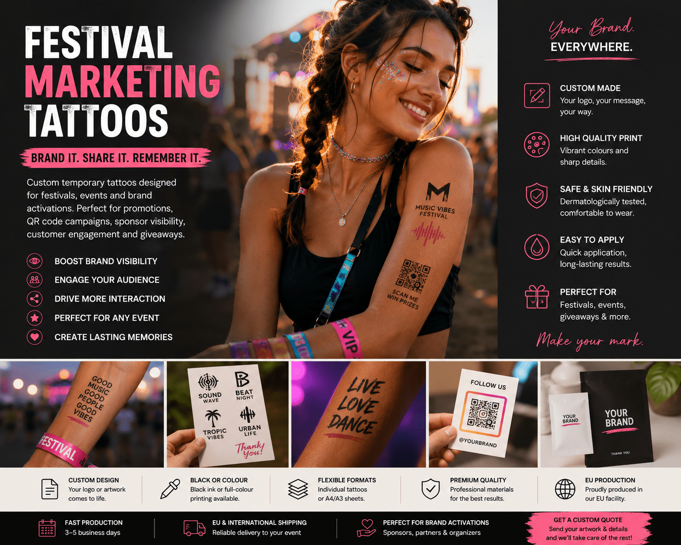 Festival marketing temporary tattoos used for music festivals, brand activations and promotional event campaigns