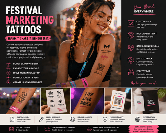 Festival marketing temporary tattoos used for music festivals, brand activations and promotional event campaigns