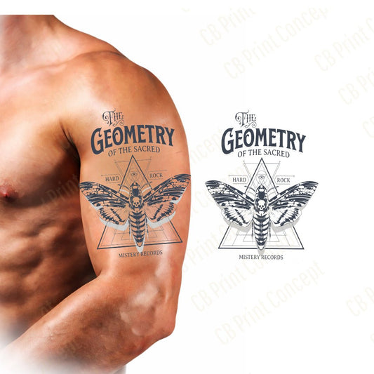 Geometry of the Sacred temporary tattoo applied on a male arm, sacred geometry moth design with a realistic tattoo effect