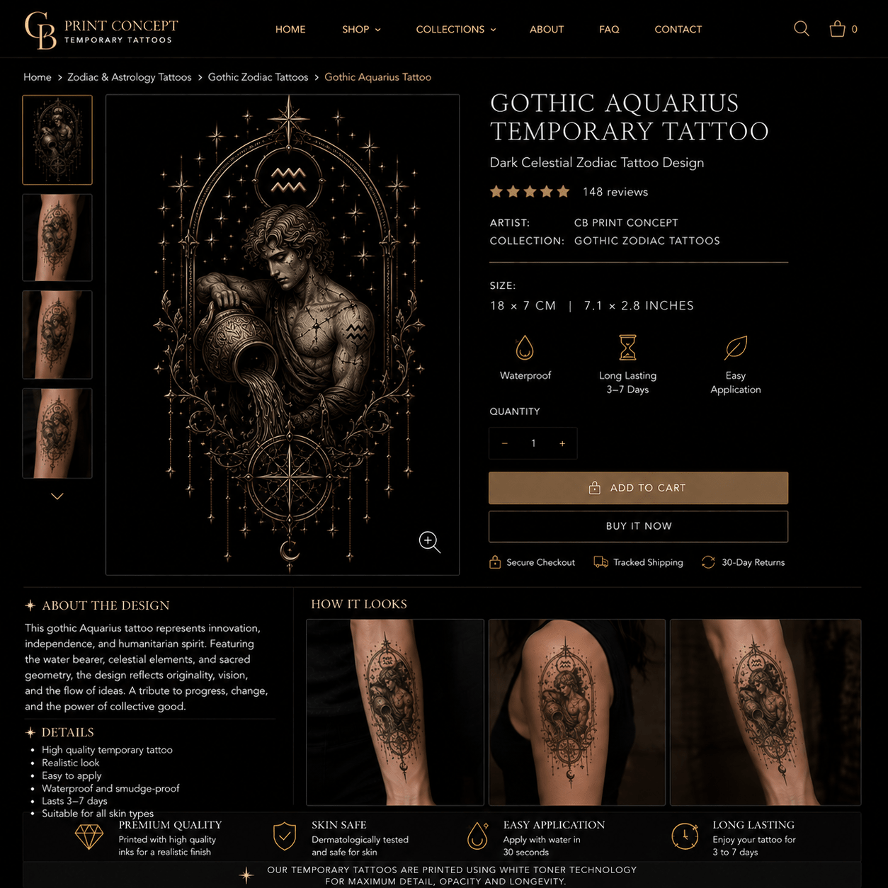 Gothic Aquarius temporary tattoo featuring celestial blackwork water bearer design by CB Print Concept