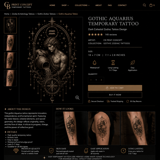 Gothic Aquarius temporary tattoo featuring celestial blackwork water bearer design by CB Print Concept