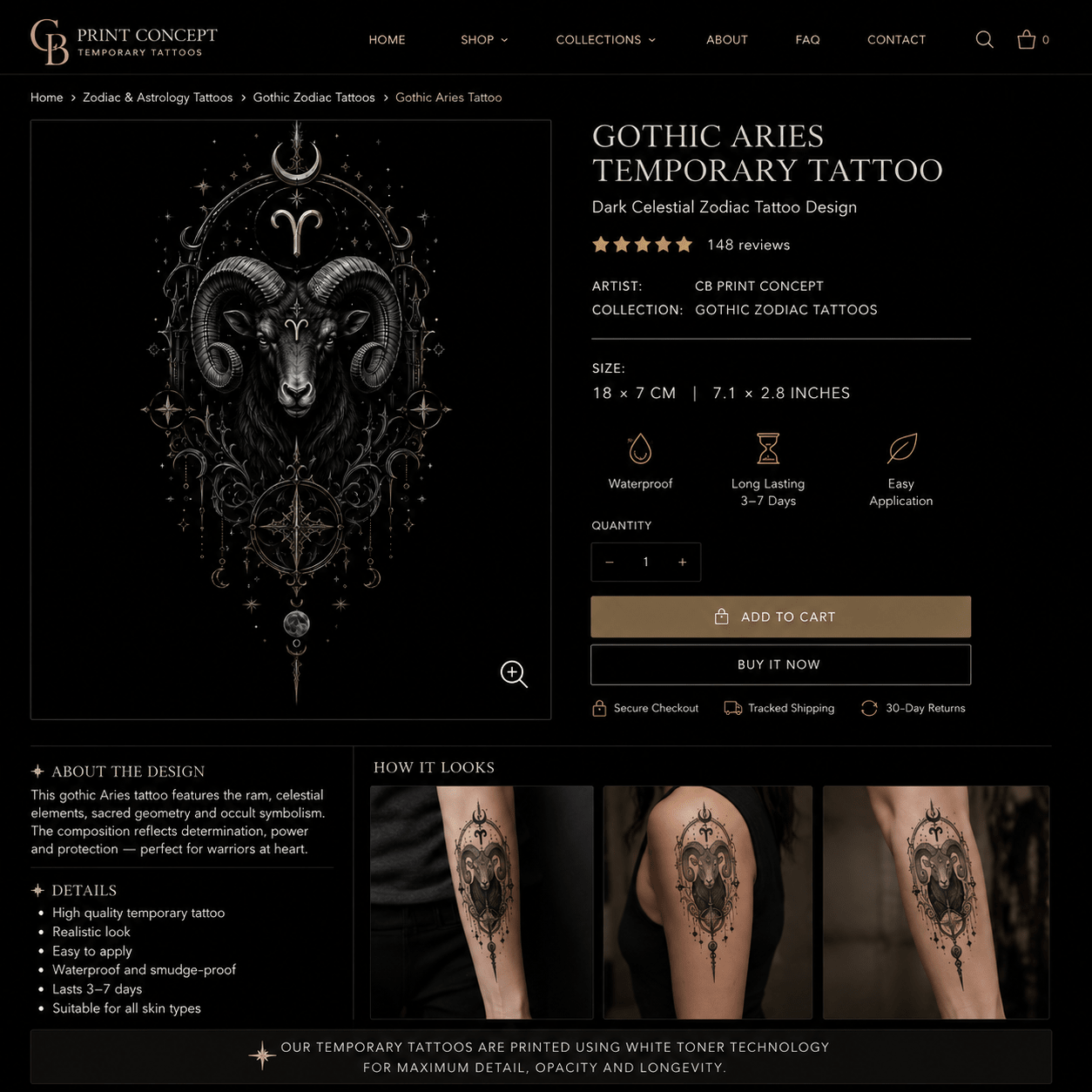 Gothic Aries temporary tattoo featuring celestial blackwork ram design by CB Print Concept