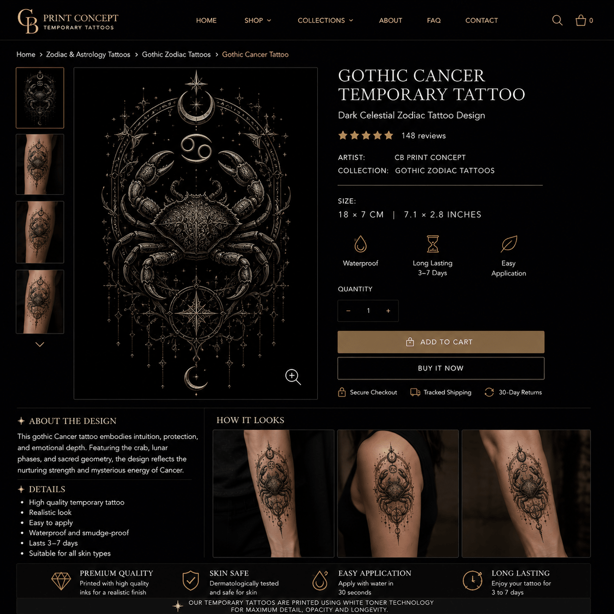 Gothic Cancer temporary tattoo featuring celestial blackwork crab design by CB Print Concept